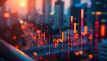 Fototapeta premium Financial chart close-up, candlestick graph, blurry cityscape, business background, car wallpaper,