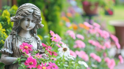 Fototapeta premium Garden statue of woman surrounded by colorful flowers