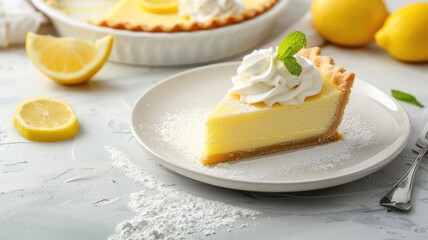 Fototapeta premium Slice of lemon tart with whipped cream, garnished mint