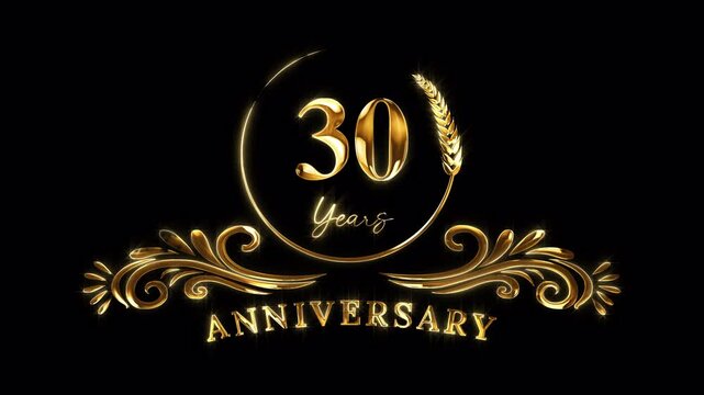 30th Anniversary Celebration. Golden 30 Years Anniversary Animation in Gold Color on the Transparent Background, Alpha Channel. Great for greetings, celebrations, events, and gifts.