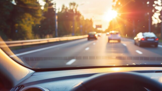 Driving view from car interior during sunset with lens flare on busy road - Powered by Adobe