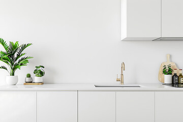 Fototapeta premium Modern Minimalist Kitchen with White Cabinets Mockup 