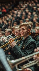 A young man smiles as he plays the trumpet in an orchestra. AI.