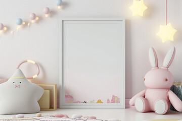A mockup of a poster frame in a child's room, kid's room, or nursery, perfectly integrated with whimsical decor, creating a charming atmosphere
