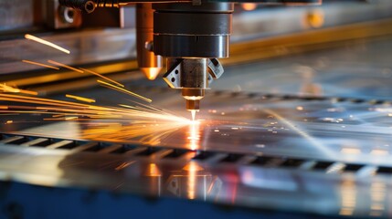 Machine cutting sheet metal with laser in factory empty space