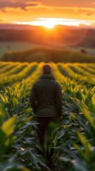 Fototapeta premium A person walks through a field of tall green plants as the sun sets in the distance. AI.