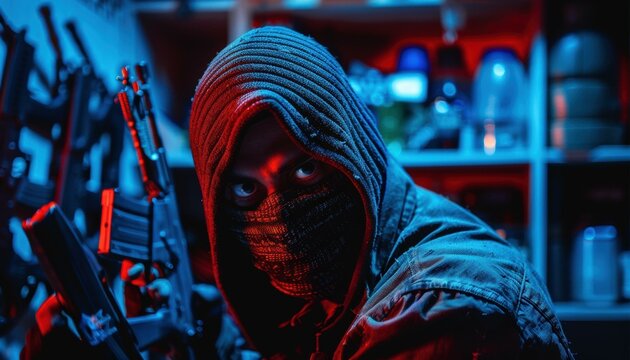 A person in a hooded jacket and face mask holds a rifle in a dimly lit room. AI.