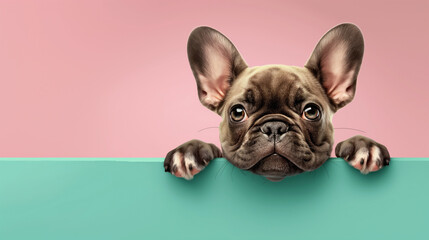 Adorable French Bulldog Puppy Peeking Over Colorful Wall, Cute Pet Portrait, Playful Dog Expression, Charming Canine, Bright Background, Puppy Eyes, Frenchie, Pet Photography, Animal Lovers.