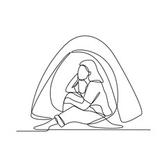 One continuous line drawing of People camping vector illustration. Camping and hiking activity design illustration simple linear style vector concept. Outdoor activity in the mountain with family