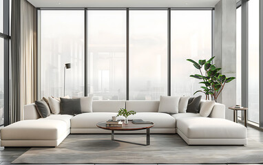 Fototapeta premium Modern Living Room with Floor-to-Ceiling Windows Mockup 