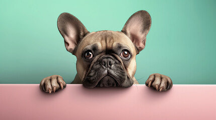 Adorable French Bulldog Puppy Peeking Over Colorful Wall, Cute Pet Portrait, Playful Dog Expression, Charming Canine, Bright Background, Puppy Eyes, Frenchie, Pet Photography, Animal Lovers.