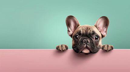 Adorable French Bulldog Puppy Peeking Over Colorful Wall, Cute Pet Portrait, Playful Dog Expression, Charming Canine, Bright Background, Puppy Eyes, Frenchie, Pet Photography, Animal Lovers.