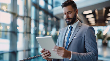 Happy Young Latin Business Man Executive Using Digital Tablet: Showing a happy young Latin business executive using a digital tablet in an office environment, checking financial online market data