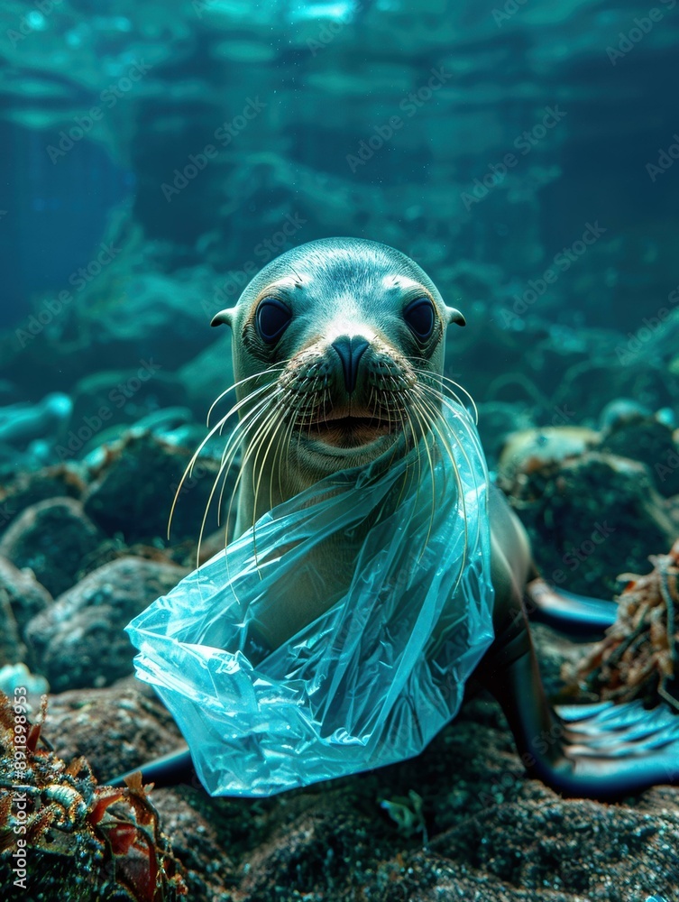 Poster A seal caught in a plastic bag. AI.