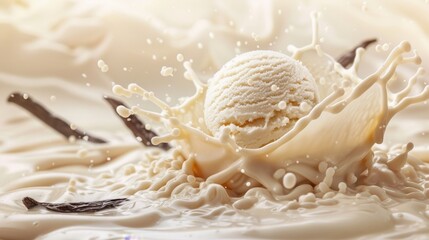 vanilla splash with ball of vanila ice cream inside isolated, make more background 