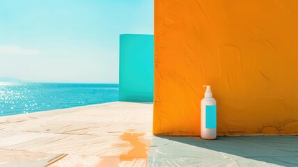 Fototapeta premium Sunscreen bottle against colorful seaside background with bright sunlight