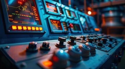 A close-up of a control panel with buttons and dials. AI.