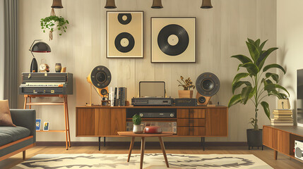 Vintage Retro Living Room with Vinyl Records Mockup 