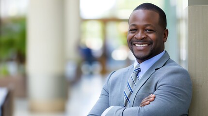 Obraz premium A businessman in a suit stands against a wall in an office building
