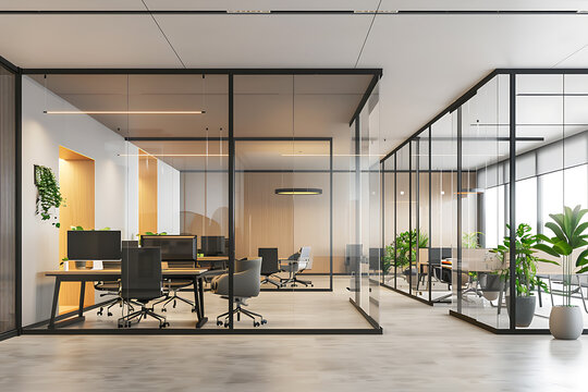 Contemporary Office Space with Glass Partitions Mockup 
