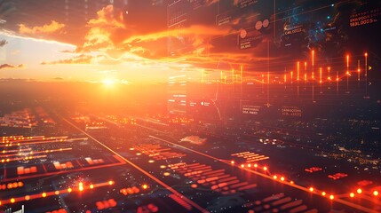 Elegant data visualization of global economic trends, featuring a captivating sunset backdrop and glowing infographics.