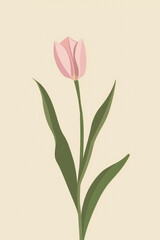 Minimalist Illustration of a Pink Tulip Flower on a Beige Background