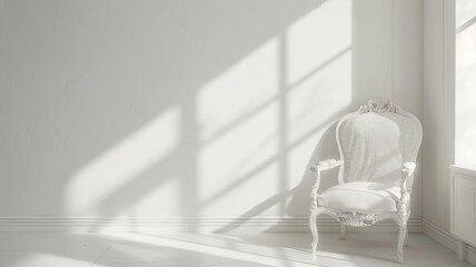 White vintage chair in bright room with sunlight casting shadows on wall