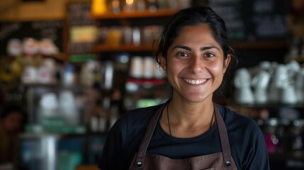 A woman wearing a brown apron smiles at the camera
