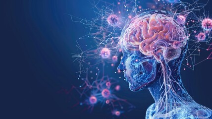 Digital illustration of human head with visible brain interconnected networks and particles, symbolizing thought processes