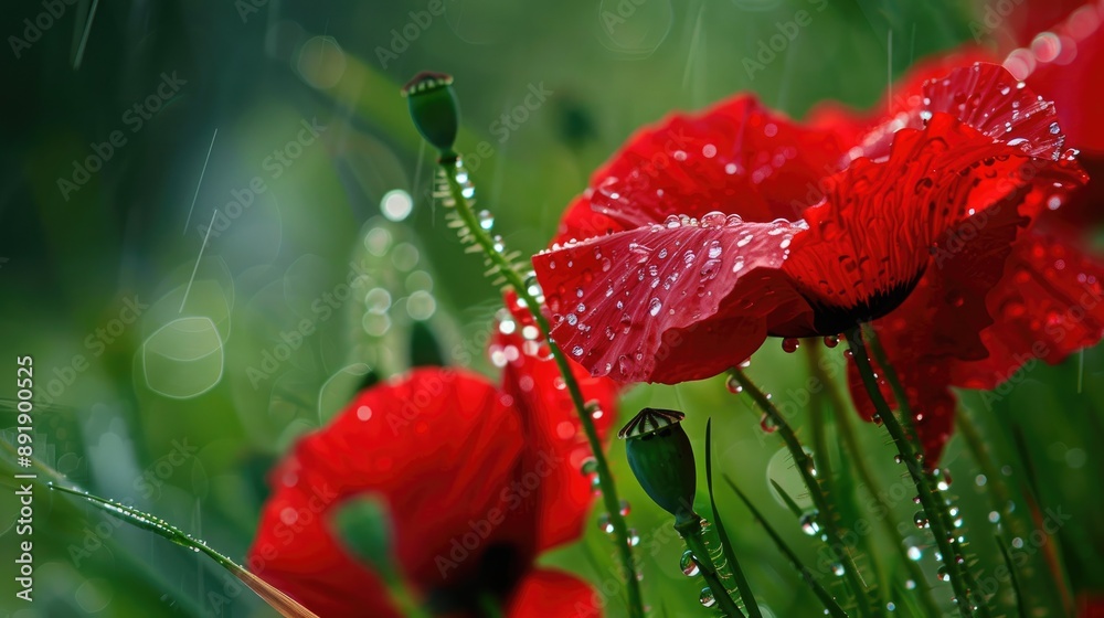 Poster close up of raindrops on red poppy petals and green grass