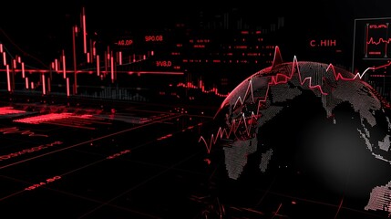 Dystopian black background with a crimson stock market graph and a digital ECG readout over a 3D globe