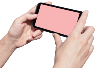 Hand holding phone with empty screens mockup. Social media interaction. Social network communication, on transparent,png