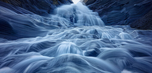 Fototapeta premium A realistic depiction of icy water flowing down a cascading waterfall, creating intricate patterns and shapes on the smooth rocks below, with the dynamic movement
