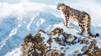 Obraz premium Snow Leopard Prowls Atop Snow Capped Mountain Peak in Majestic Winter Landscape Surveying the Rugged Untamed Terrain Below with Keen Watchful Eyes