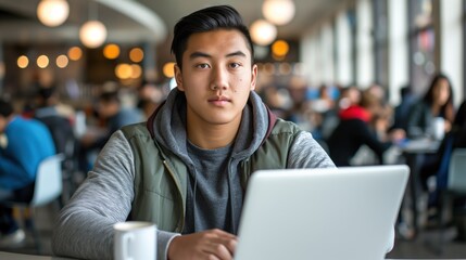 Fototapeta premium A young man works on a laptop in a cafe with a coffee cup on the table