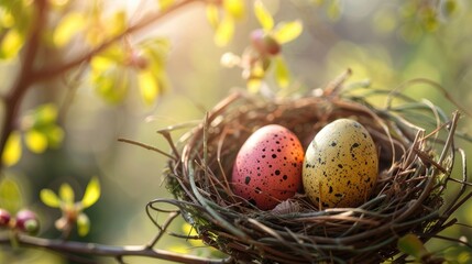 Fototapeta premium Three Easter eggs in a bird s nest with spring background for display