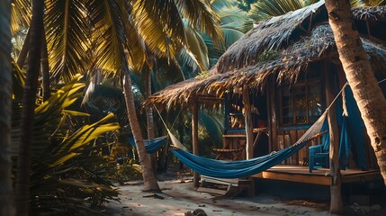 A rustic cabin with a thatched roof and hammocks hanging between palm trees - Powered by Adobe