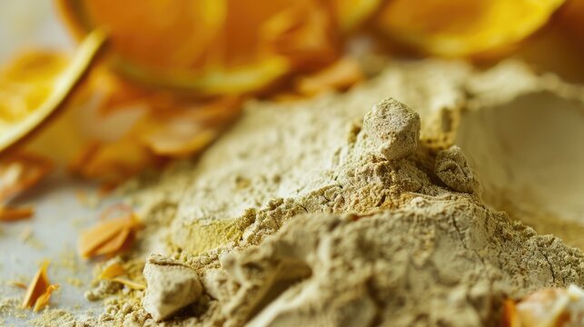 Powder of Multani mitti and dried orange peel close up