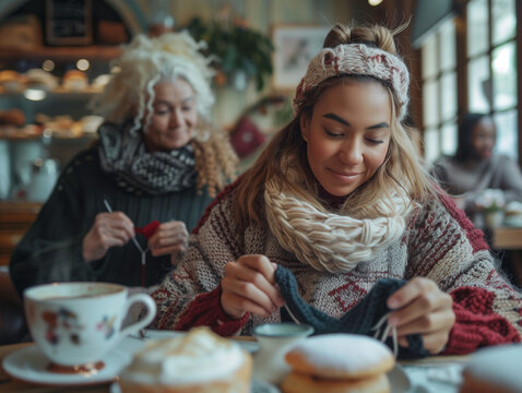 L'atelier tricot dans un caf&eacute; : des femmes de tous &acirc;ges se retrouvent dans un salon de th&eacute; pour tricoter ensemble et montrer leurs projets crochets