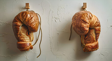 Boxing gloves made from croissant dough with a golden brown crust, replicating the shape of boxing gloves.