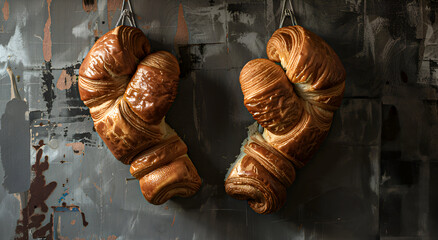 Boxing gloves made from croissant dough with a golden brown crust, replicating the shape of boxing gloves.