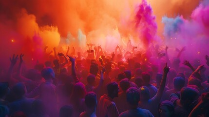 Crowds of people covered in vibrantly colored powders, celebrating with joy