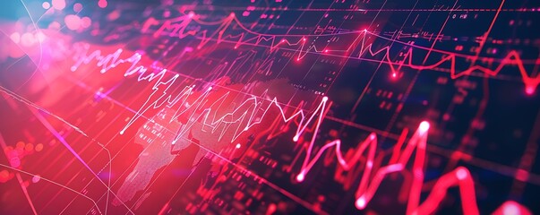 Dramatic financial landscape with a crimson graph and a holographic ECG line tracing the global economy