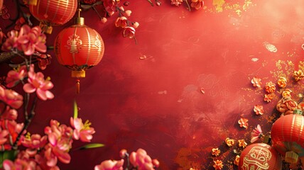 Chinese New Year themed background with red lanterns and floral decorations