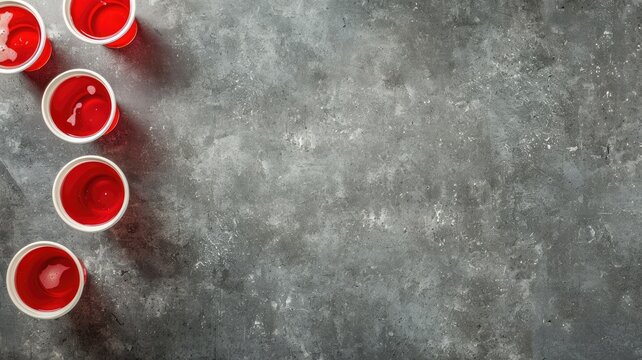 Several red cups with liquid on textured gray surface
