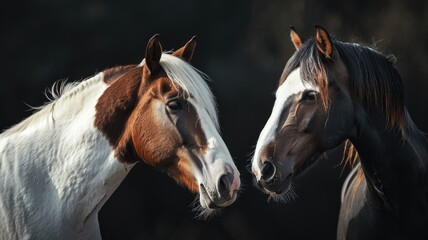 Obraz premium Two horses with contrasting coats facing each other