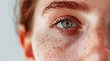 Fototapeta premium Close-up of person's freckled face, focusing on blue eye