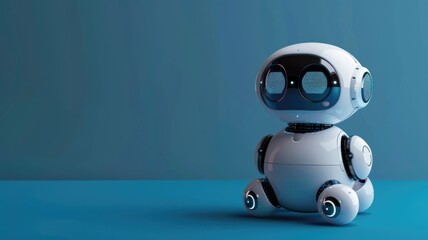 Fototapeta premium Small cute robot with large eyes on blue background