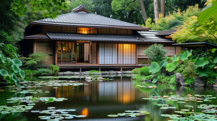 Obraz premium 静かな林に囲まれた伝統的な日本の茶室