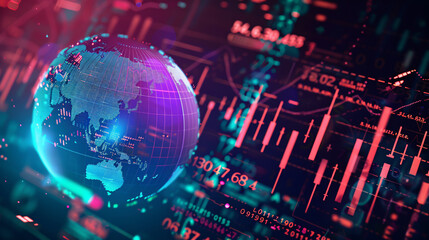 Global finance and investment illustration featuring icons representing currencies, trade, and global markets on a digital globe.